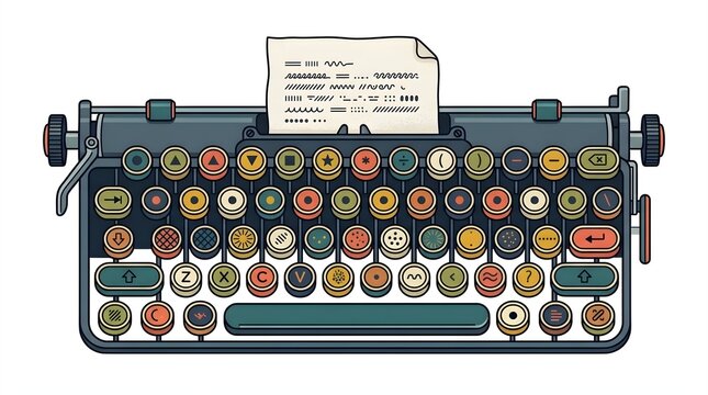 Vintage typewriter featuring colorful round keys, retro typography symbols, metallic side levers, and inserted paper sheet creating a classic aesthetic design illustration