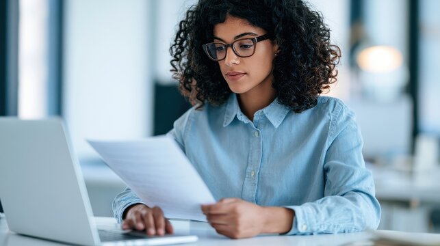 Focused woman with curly hair working on a laptop and reviewing documents in a modern office setting