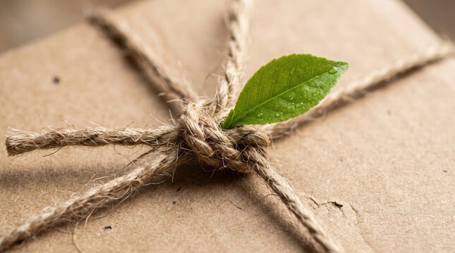 Cardboard parcel wrapped with natural twine and a fresh green leaf. Concept of eco conscious shopping during the green friday movement.