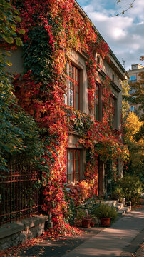 a historic building covered in vibrant red, orange, and green ivy. The building has multiple windows, and the ivy is cascading over the buildings facade, creating a textured appearance.
