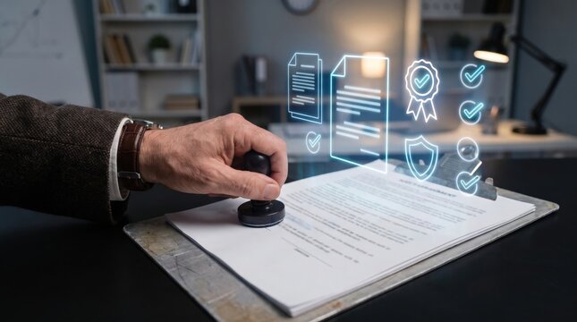 Quality assurance manager conducts contract authorization and compliance certification using official rubber stamping, holographic audit HUD, security shields, and verified record tracking.