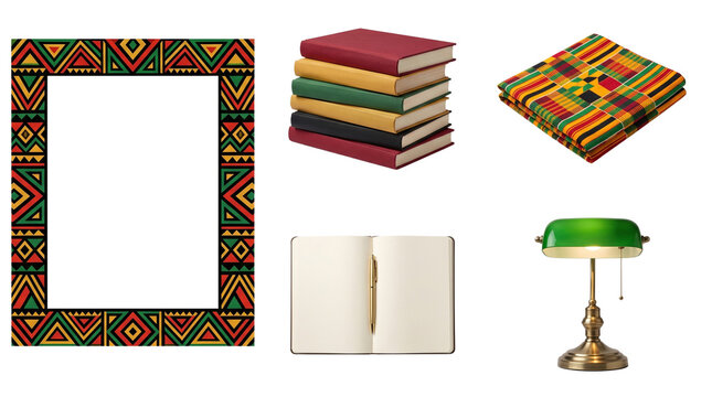 African heritage education set, tribal geometric pattern frame, stack of books with vintage green bankers lamp and kente cloth isolated PNG with Transparent Background
