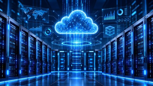 Cloud computing network concept with glowing digital cloud over server room racks and futuristic global analytics dashboard