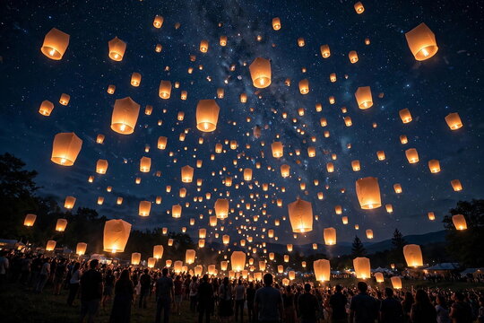 Sky lanterns rising at night festival