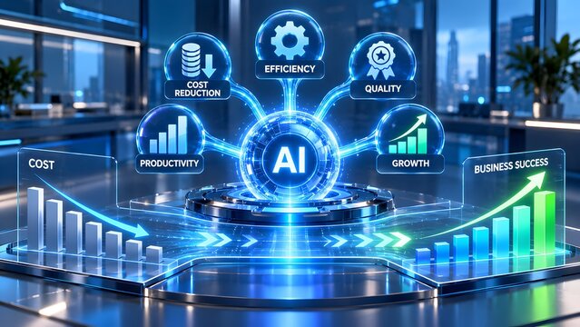 Artificial intelligence business success dashboard showing cost reduction and growth charts with efficiency icons in modern office