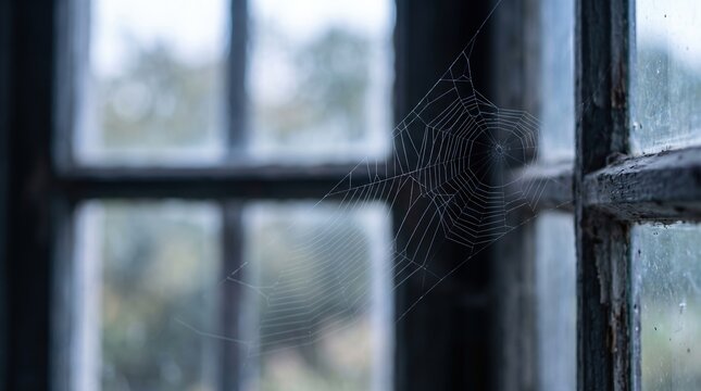 Eerie spiderweb clings to ancient window pane