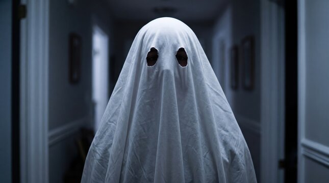 Ghostly figure in a dark, mysterious hallway