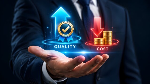 Businessman hand holding glowing quality increase and cost reduction holographic icons representing corporate optimization