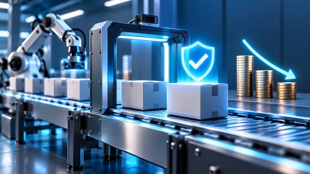 Automated manufacturing quality control concept showing conveyor belt packaging with cost reduction arrow and robotic arm