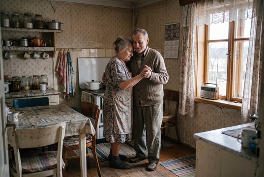 Elderly couple slow dancing together in the kitchen of their countryside home, candid moment of lasting love
