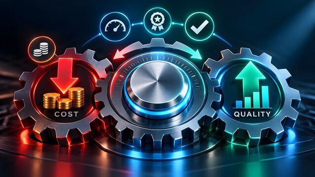 Interlocking gears concept showing cost reduction and quality improvement for business optimization strategy