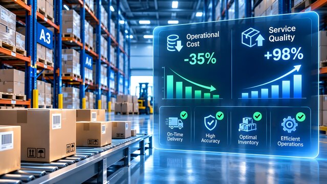 Automated warehouse logistics concept displaying holographic dashboard with operational cost reduction and service quality growth