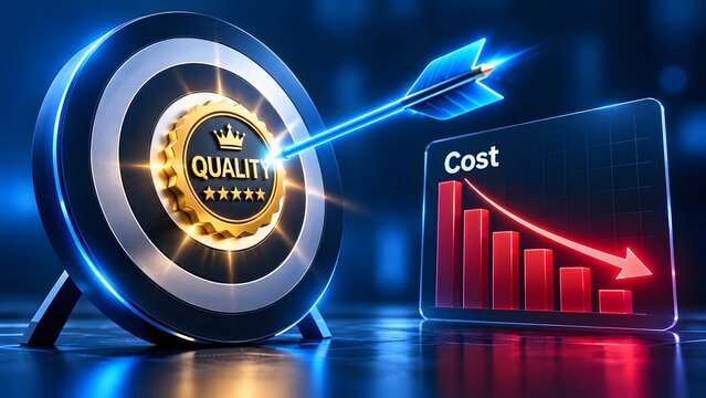 Bullseye target with quality badge and arrow representing successful strategy for high quality and cost reduction