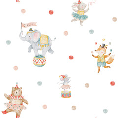 Watercolor circus seamless pattern with cute animal performers. It features a balancing elephant, dancing bear, and juggling fox. Ideal vintage nursery wallpaper for kids. © Karina Martirosova