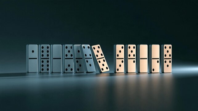 Row of white dominoes arranged in a straight line on a dark blue background. the dominos are of different sizes and shapes, with the largest one in the center and the smallest ones on either side.