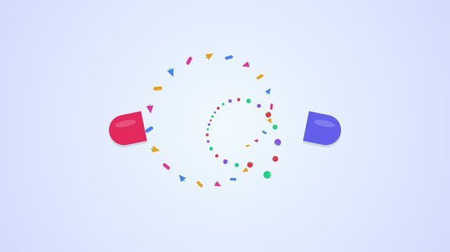 2D Animation of Red and Blue Capsule Opening with Colorful Particles