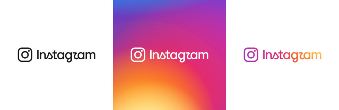 Instagram new logo 2026 updated vector set. Isolated white Instagram icon on gradient background. Black Instagram wordmark and glyph on transparent background illustration. Vector illustration.