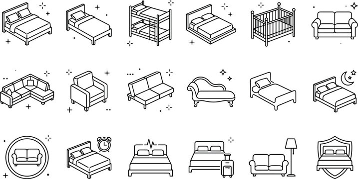 Bedroom and living room furniture line icon set featuring bed sofa couch mattress hotel interior home decor isometric vector elements