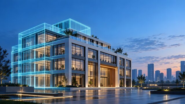 Futuristic Commercial Real Estate Showcasing Digital Twin Building Technology
