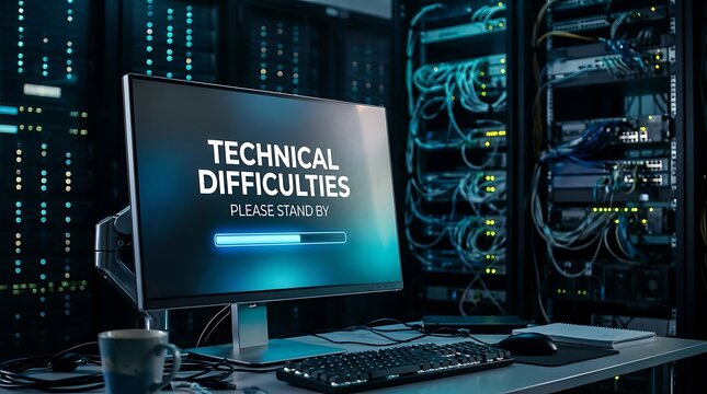 Computer monitor showing technical difficulties message with loading bar in a dark server room with glowing blue lights