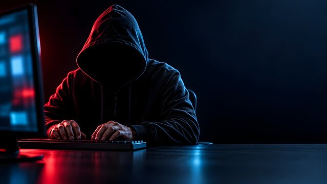 Anonymous Hacker in Dark Hood Typing on Keyboard in Front of Computer Screen Planning Cybercrime Data Breach