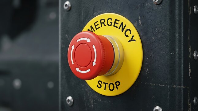Red emergency stop button on a yellow circular plate mounted on a dark industrial machine control panel for safety