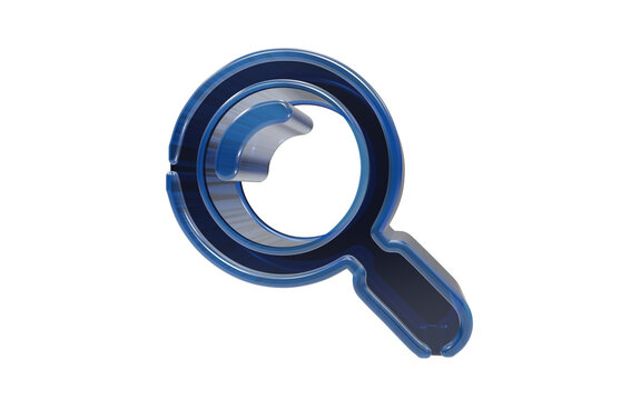 Shiny blue glass magnifying glass icon for search functionality isolated on transparent background