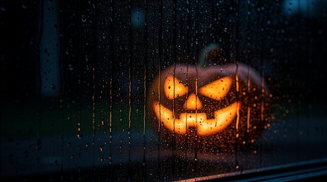 A scary Halloween pumpkin jack-o-lantern glowing in the dark behind a wet window covered in raindrops, creating a spooky and atmospheric autumn seasonal mood with space for text.