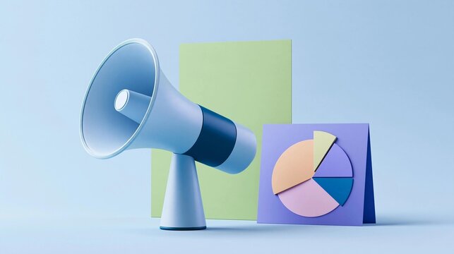 Blue megaphone on a light blue background. the megaphon is on the left side of the image and is positioned next to a green square. on the right side, there is a purple square with a pie chart on it.