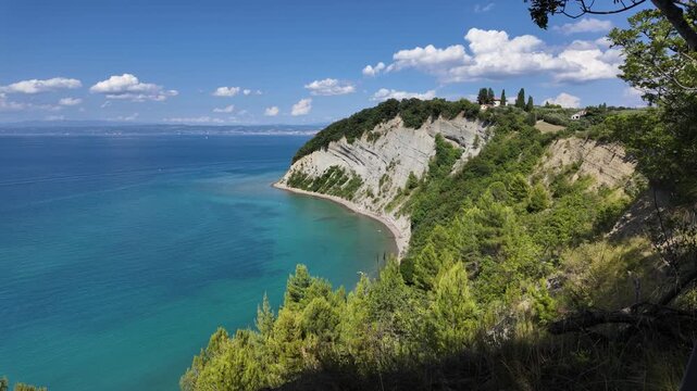 Panoramic view ad the beautiful Moon Bay, the Strunjan Nature Park, in Slovenia.