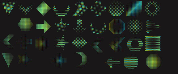 Green Halftone Geometric Shapes and Symbols Collection on Black] Set of modern green halftone geometric elements, dotted arrows, stars, circles, and abstract icons isolated on black background for gra © Fuad