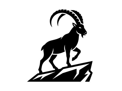 Mountain ibex silhouette vector illustration, wild goat standing on rock ledge, capricorn mascot logo design element