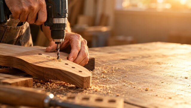 Artisan drilling aligned holes in a wooden craft under golden afternoon light
