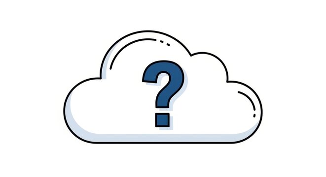 Cloud icon with a dark blue question mark inside a flat cartoon style illustration for digital interfaces