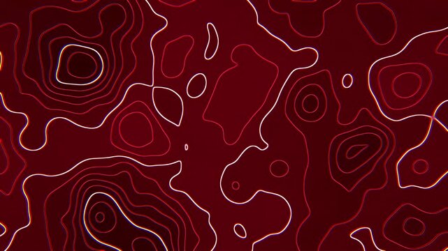 Glowing red topographic contour lines map on dark crimson, abstract terrain elevation relief background, seamless loop 4K