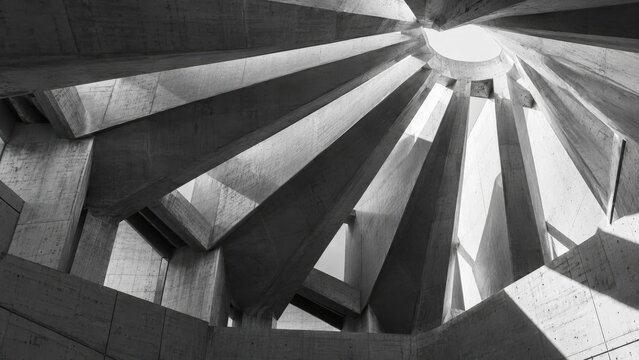 Abstract Concrete Architecture with Circular Skylight and Sunlight Rays