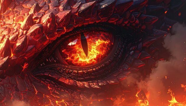 Dragon eye with fiery orange flames.