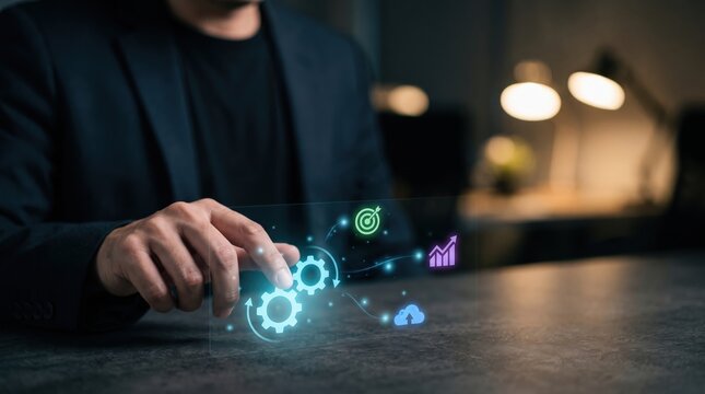 Systems engineer manages process automation and performance optimization using interactive holographic gears, digital touch gestures, target milestone tracking, visual data analytics, workflow integra