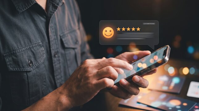 Reputation manager evaluates customer reviews and user sentiment using mobile feedback monitoring, five star ratings, satisfaction analysis, brand perception tracking, and digital service audit.
