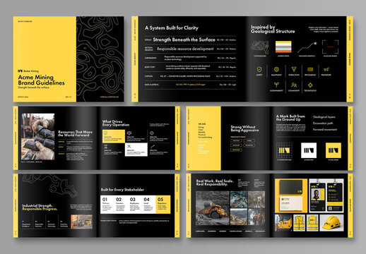 Industrial Brand Guidelines Template, Corporate Identity Manual & Logo Style Guide Brochure for Mining, Construction, Engineering & Manufacturing