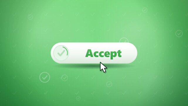 Accepted button with a green checkmark icon being clicked by a computer cursor on background