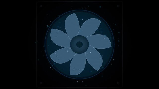 Seamless looping animation of a modern computer cooling fan spinning rapidly inside a dark background.
