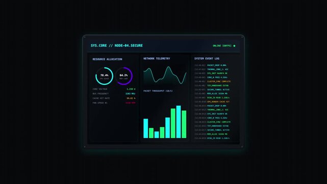 Advanced futuristic head up display interface showing network telemetry data charts and software processing codes.