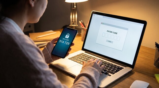 A person sitting at a desk, holding a smartphone displaying a six-digit 2FA code in one hand while entering it on a laptop with the other. Over-the-shoulder view, secure atmosphere.