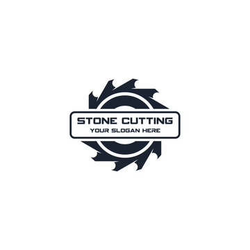Modern stone cutting service vector logo template. Circular logo design featuring a sharp saw blade and perfectly suited for stone cutting businesses, granite/marble fabrication, or workshop tools.