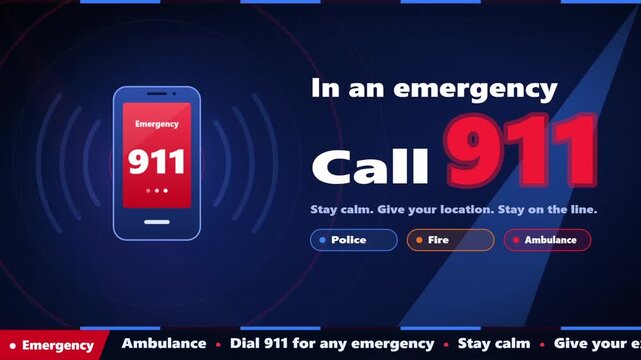Emergency information poster with a smartphone icon displaying the number nine one one on a dark blue background