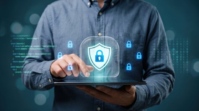 Network security engineer manages digital privacy barricade and system defense using tablet interface, data encryption, firewall controls, padlock authentication, and access monitoring.