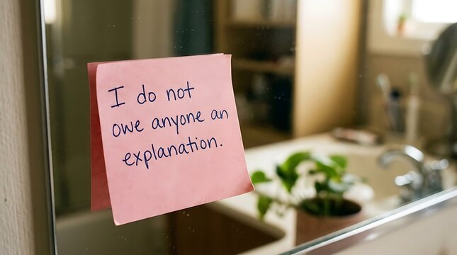 Pink sticky note with I do not owe anyone an explanation written on it stuck on a glass window in a home office room