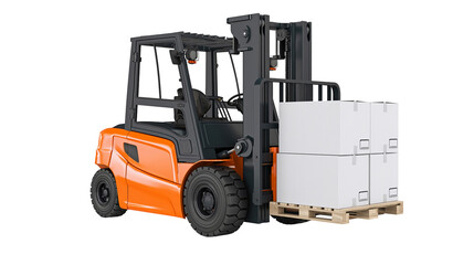 Orange industrial forklift carrying white cardboard boxes on a wooden pallet © Jannis