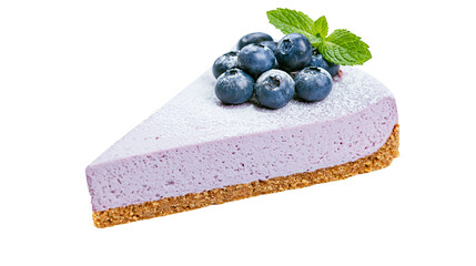 Blueberry cheesecake slice with fresh berries and mint leaf garnish © Jannis